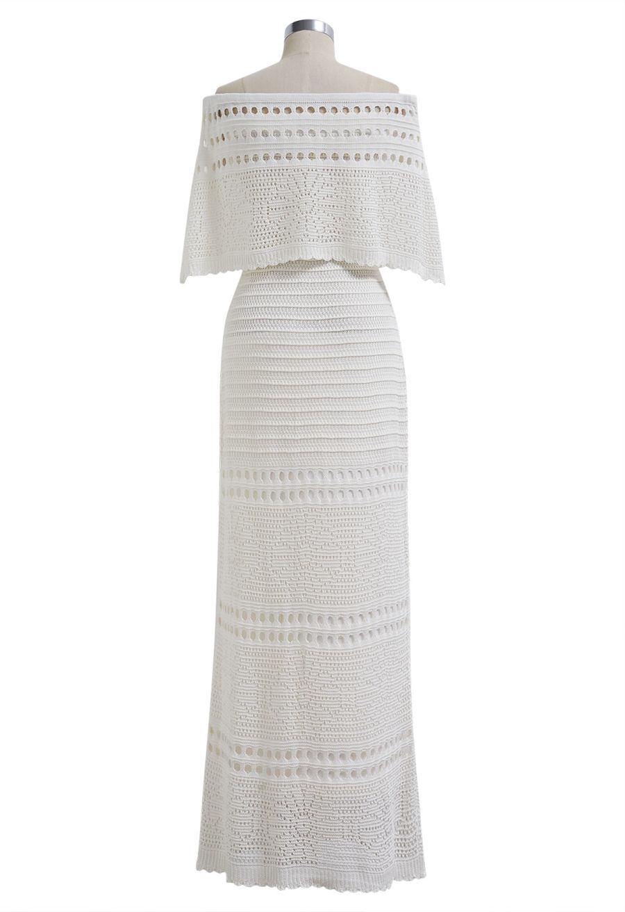 Off-Shoulder Open-Knit Crochet Twinset Dress in Ivory