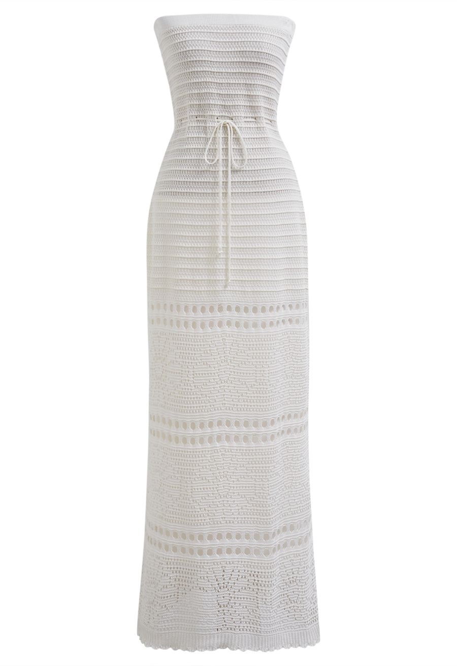 Off-Shoulder Open-Knit Crochet Twinset Dress in Ivory