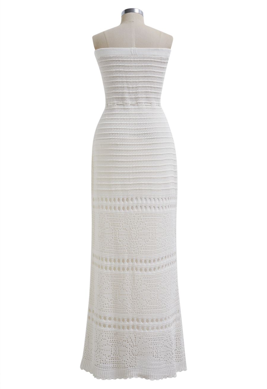Off-Shoulder Open-Knit Crochet Twinset Dress in Ivory