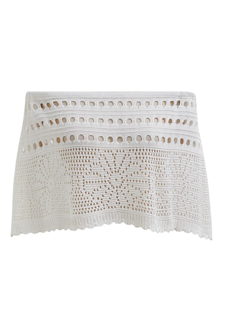 Off-Shoulder Open-Knit Crochet Twinset Dress in Ivory
