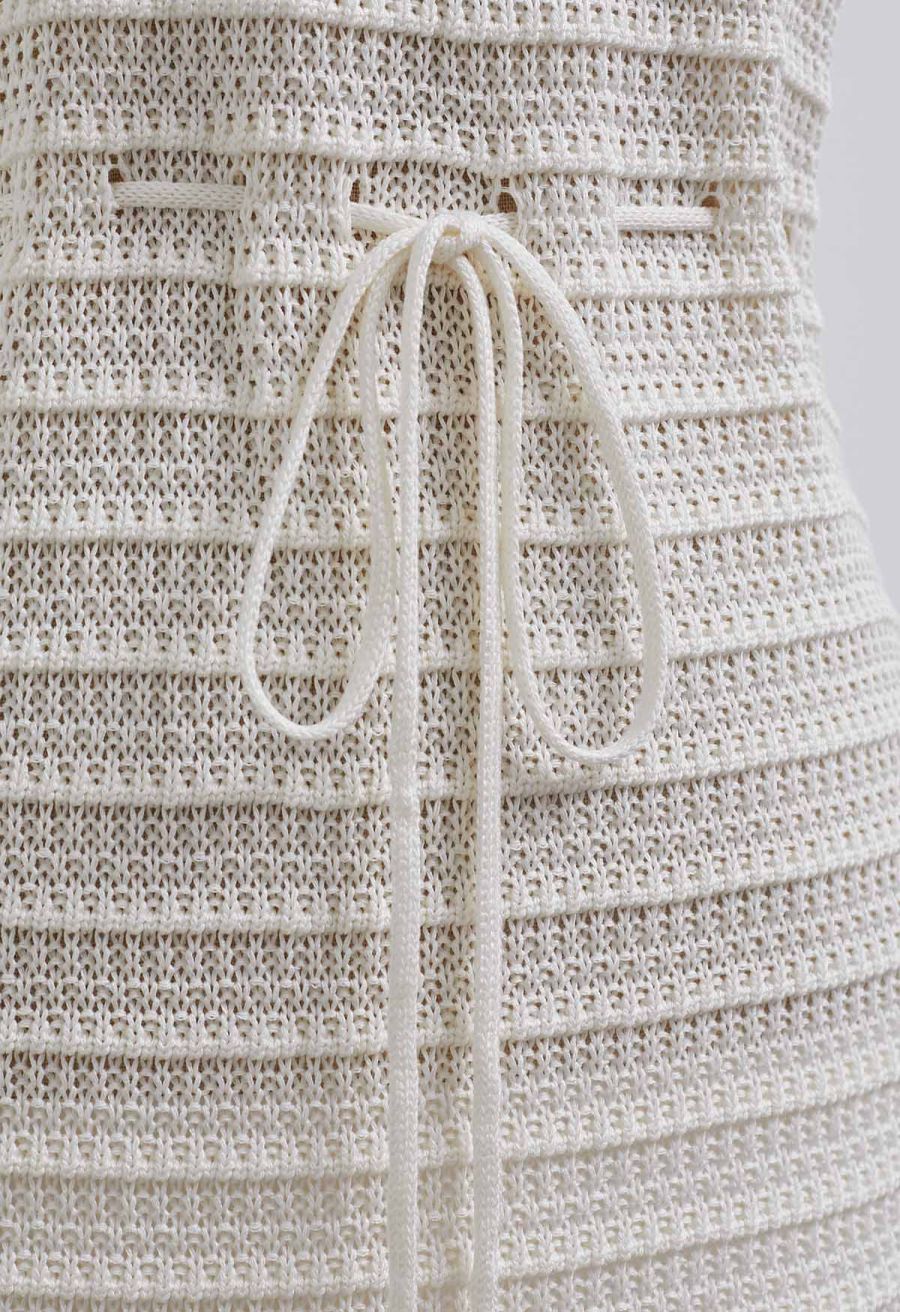 Off-Shoulder Open-Knit Crochet Twinset Dress in Ivory
