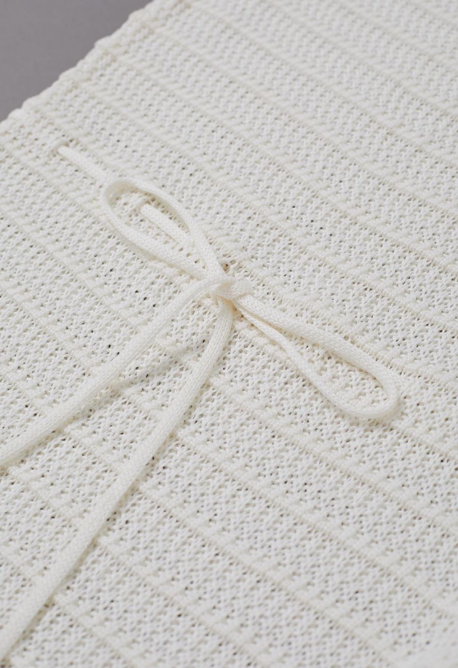Off-Shoulder Open-Knit Crochet Twinset Dress in Ivory