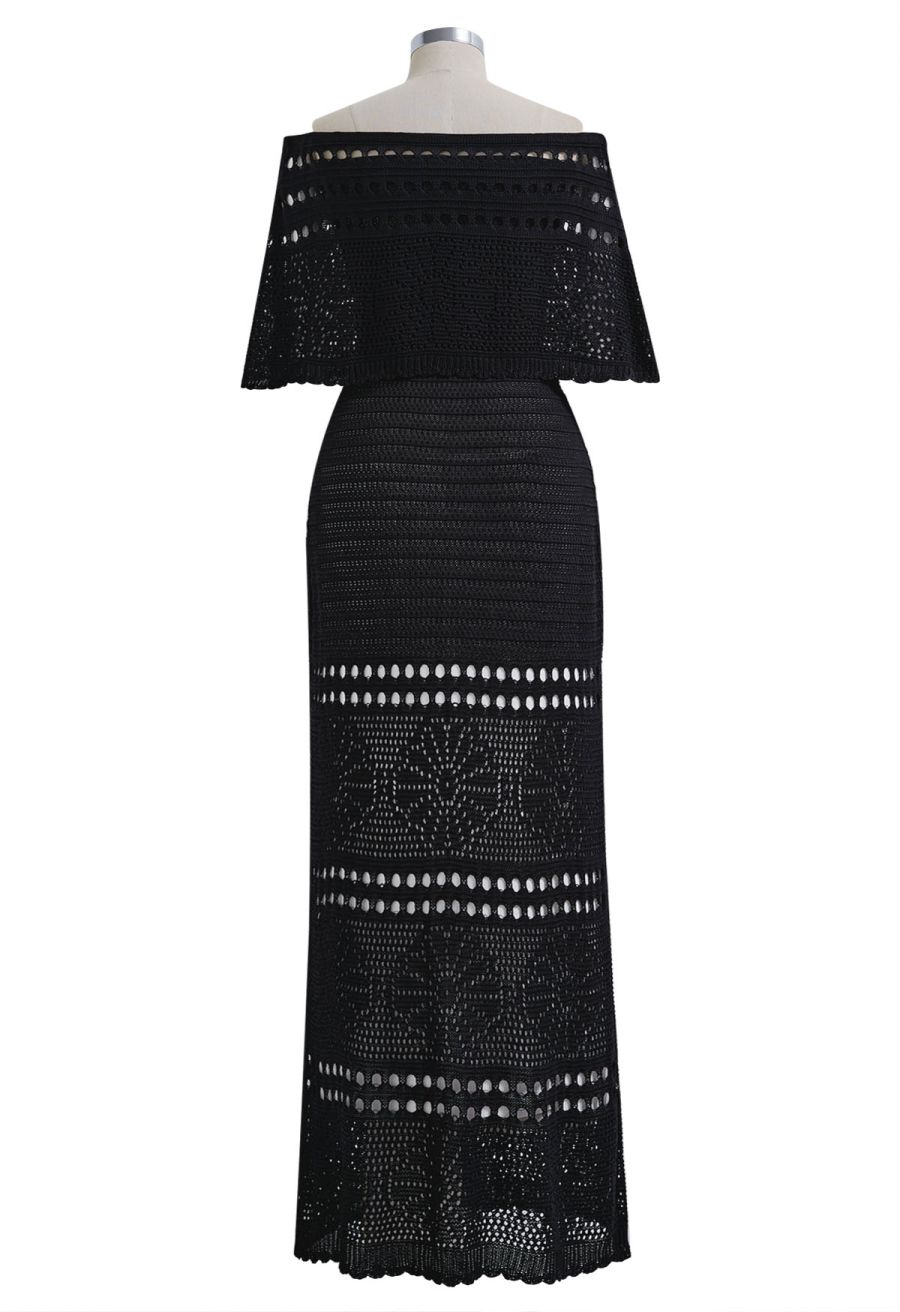 Off-Shoulder Open-Knit Crochet Twinset Dress in Black