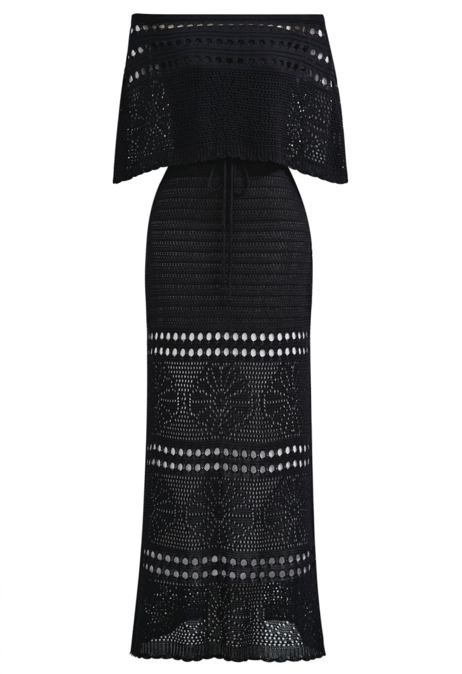 Off-Shoulder Open-Knit Crochet Twinset Dress in Black