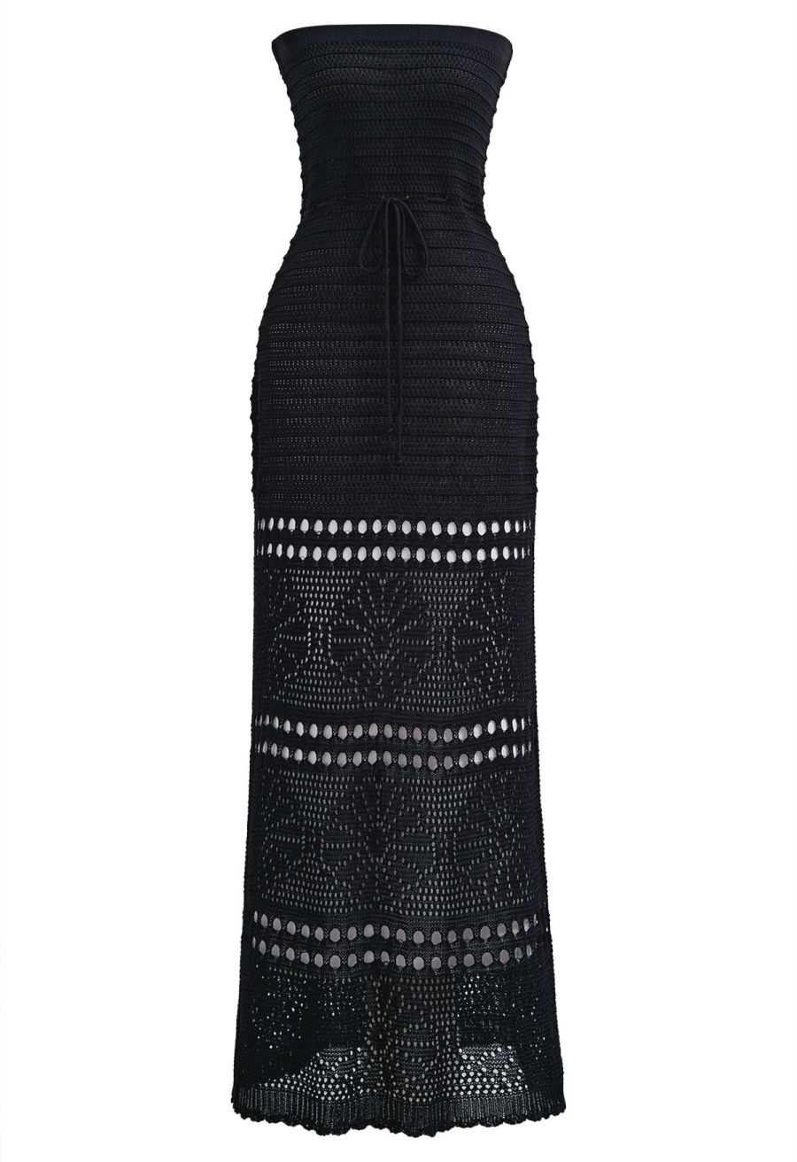 Off-Shoulder Open-Knit Crochet Twinset Dress in Black