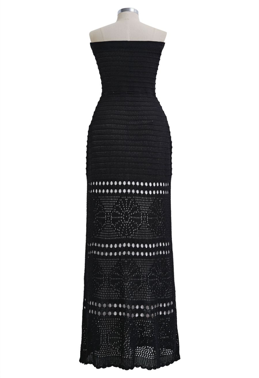 Off-Shoulder Open-Knit Crochet Twinset Dress in Black