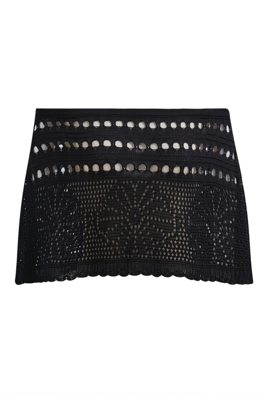 Off-Shoulder Open-Knit Crochet Twinset Dress in Black