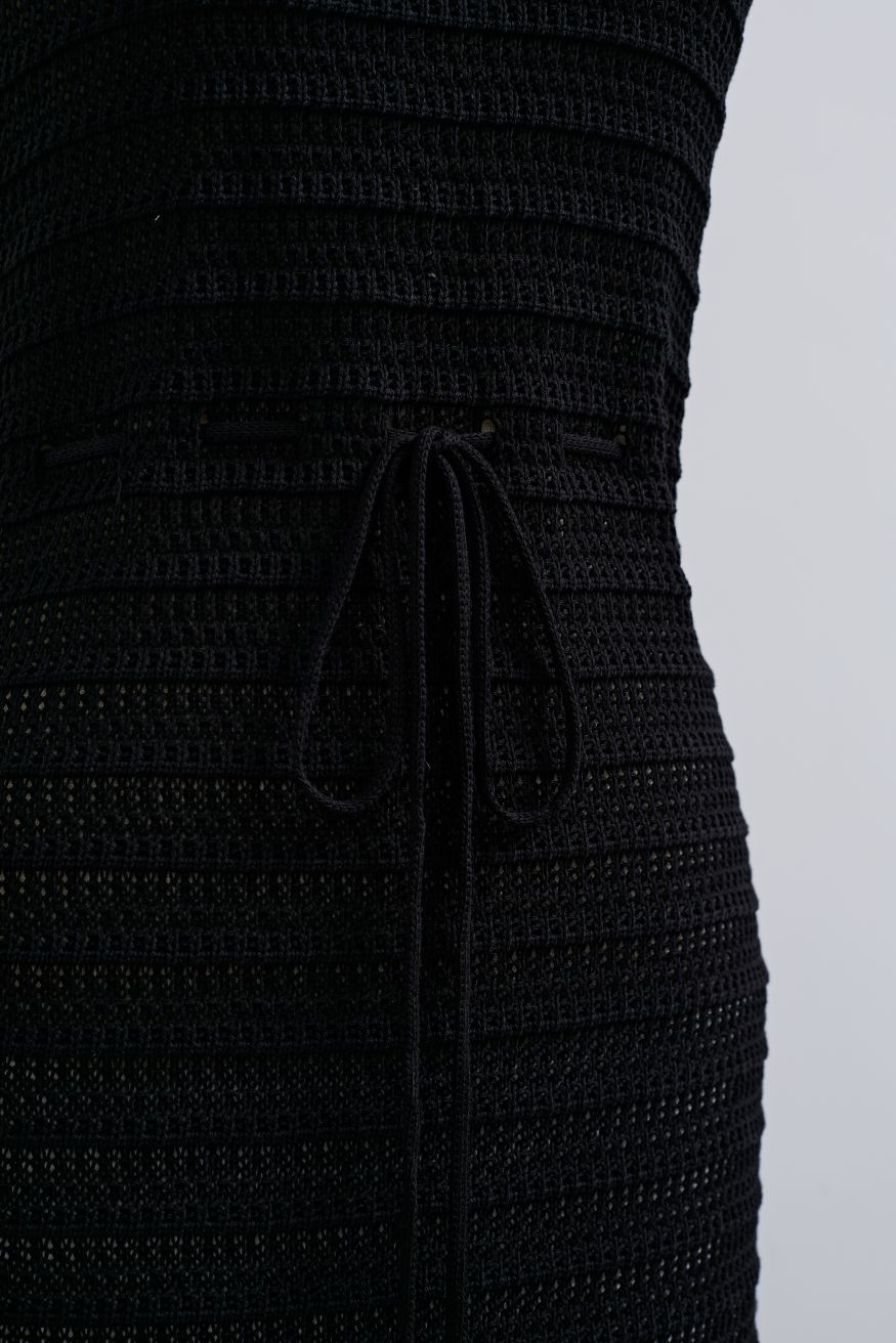 Off-Shoulder Open-Knit Crochet Twinset Dress in Black