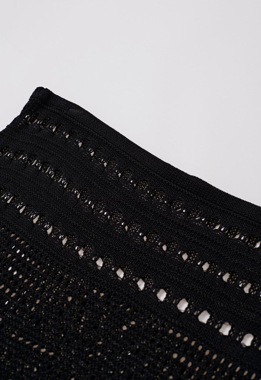Off-Shoulder Open-Knit Crochet Twinset Dress in Black