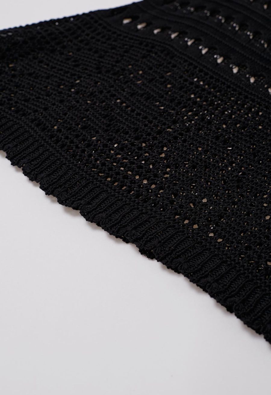 Off-Shoulder Open-Knit Crochet Twinset Dress in Black