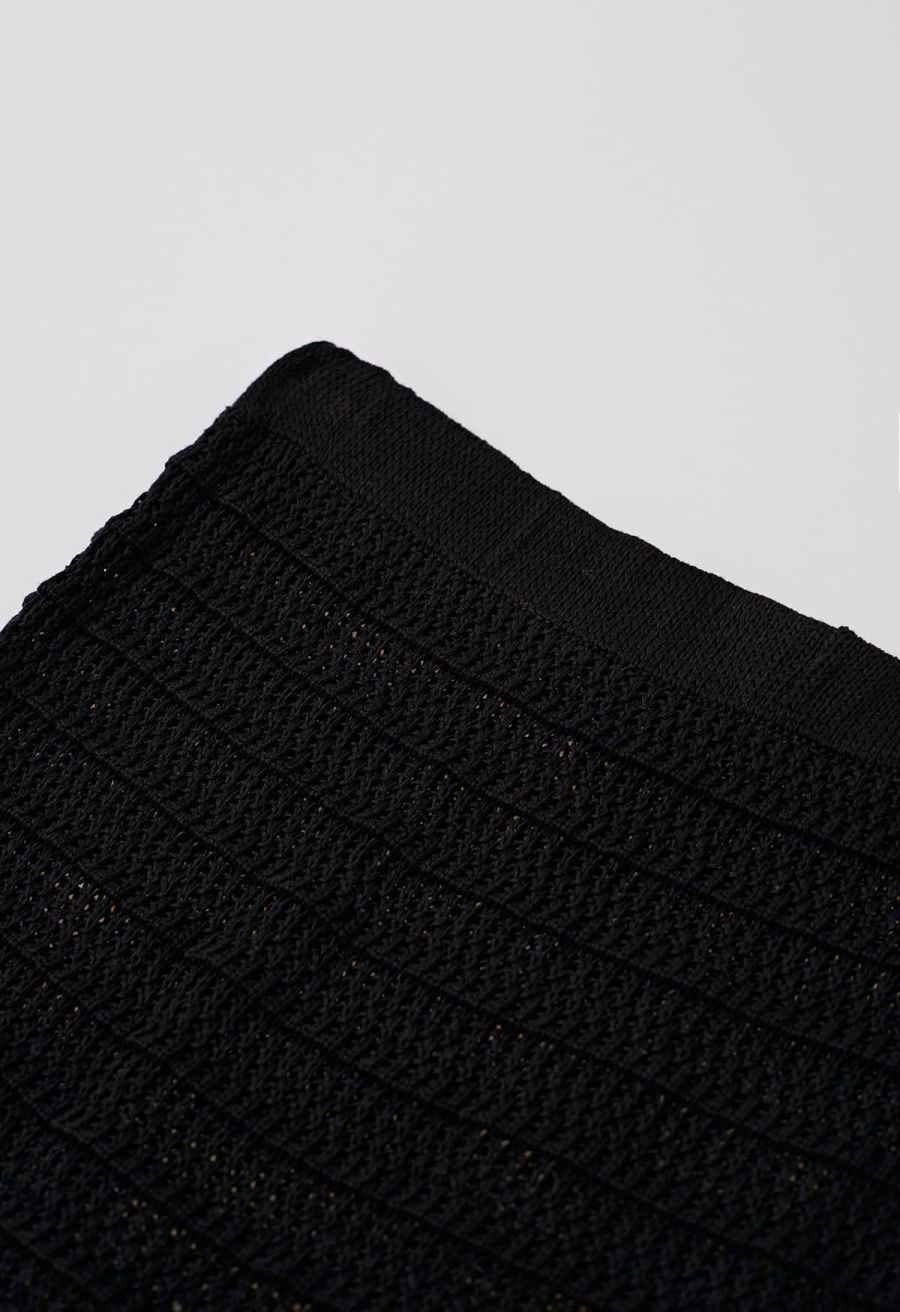 Off-Shoulder Open-Knit Crochet Twinset Dress in Black