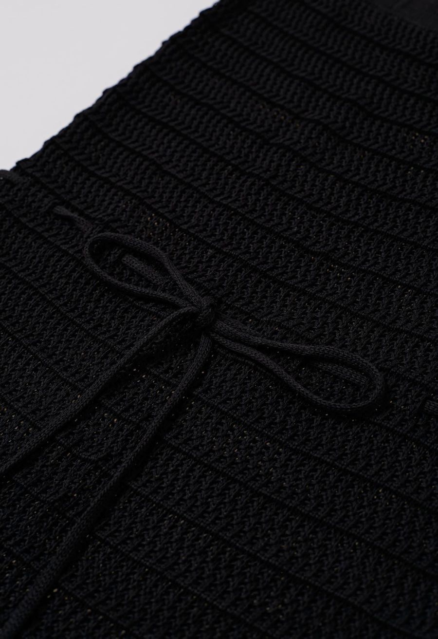 Off-Shoulder Open-Knit Crochet Twinset Dress in Black