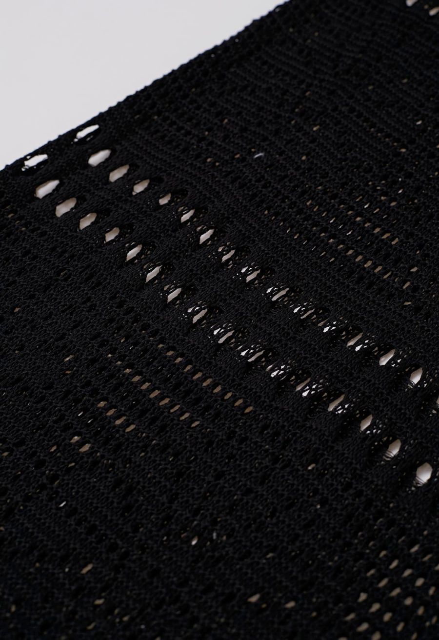 Off-Shoulder Open-Knit Crochet Twinset Dress in Black
