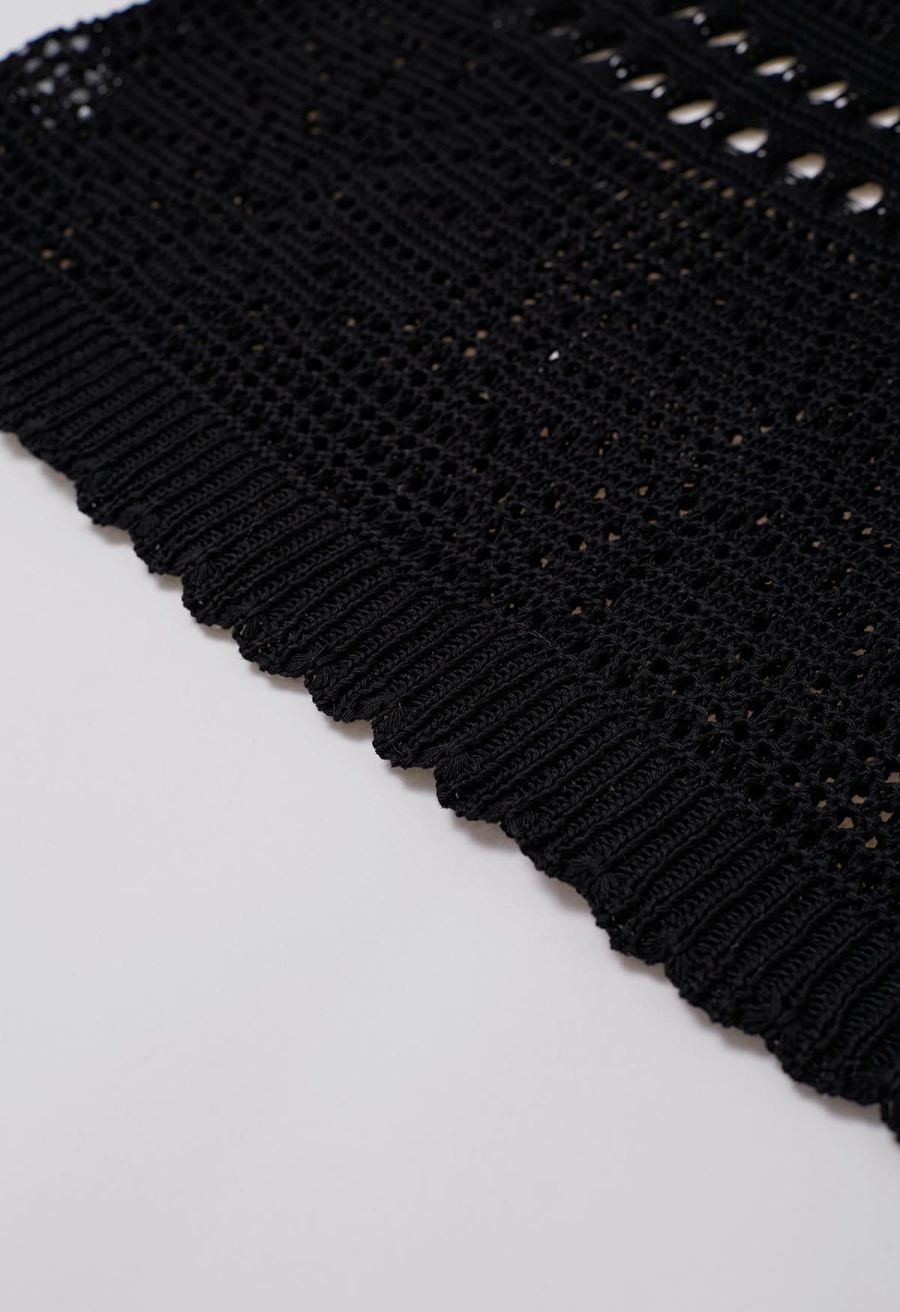 Off-Shoulder Open-Knit Crochet Twinset Dress in Black