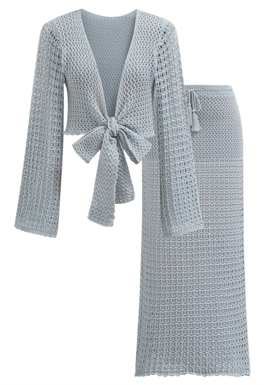 Tie-Knot Open-Knit Crochet Wrap Top and Maxi Skirt Set in Dusty Blue