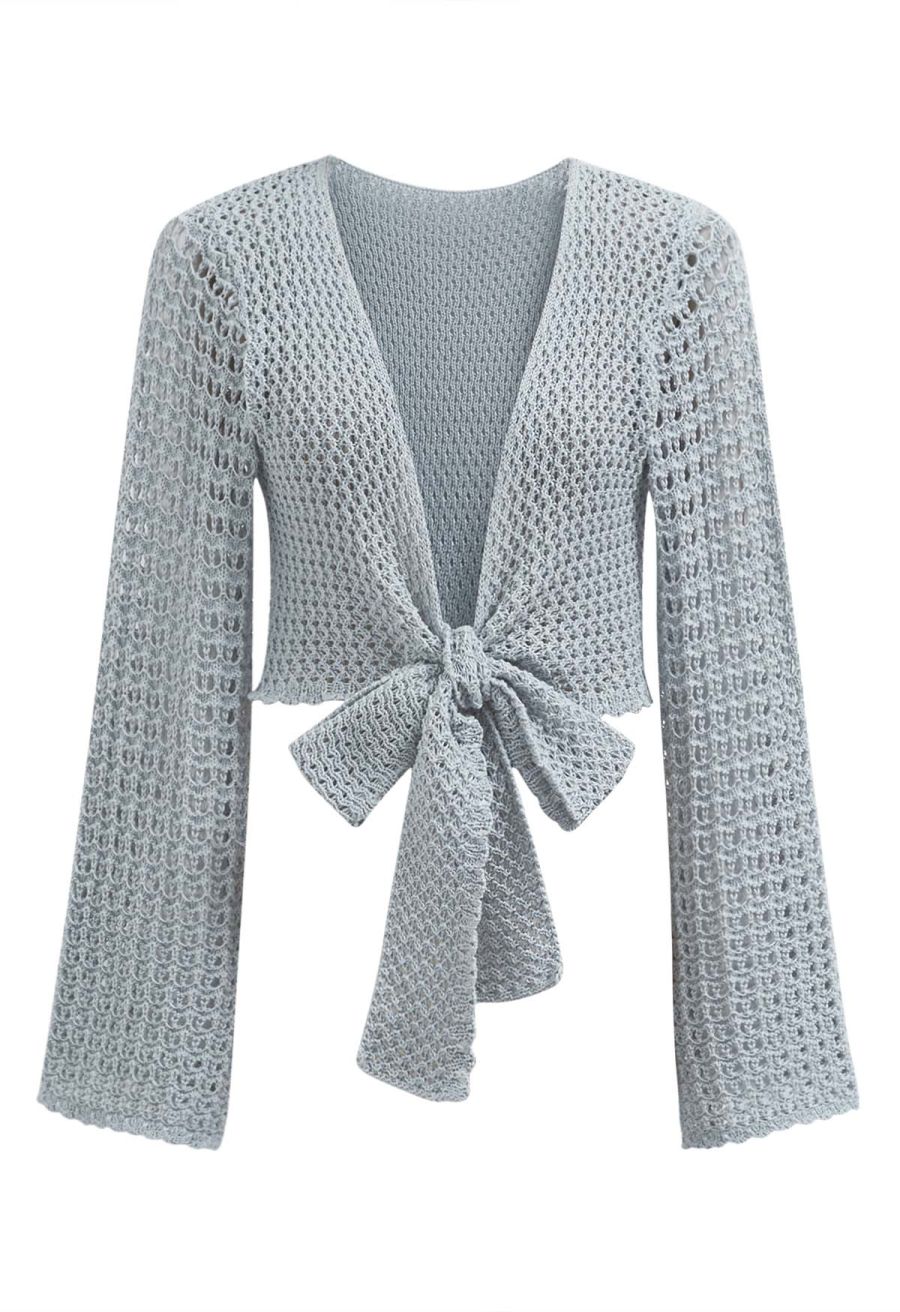 Tie-Knot Open-Knit Crochet Wrap Top and Maxi Skirt Set in Dusty Blue
