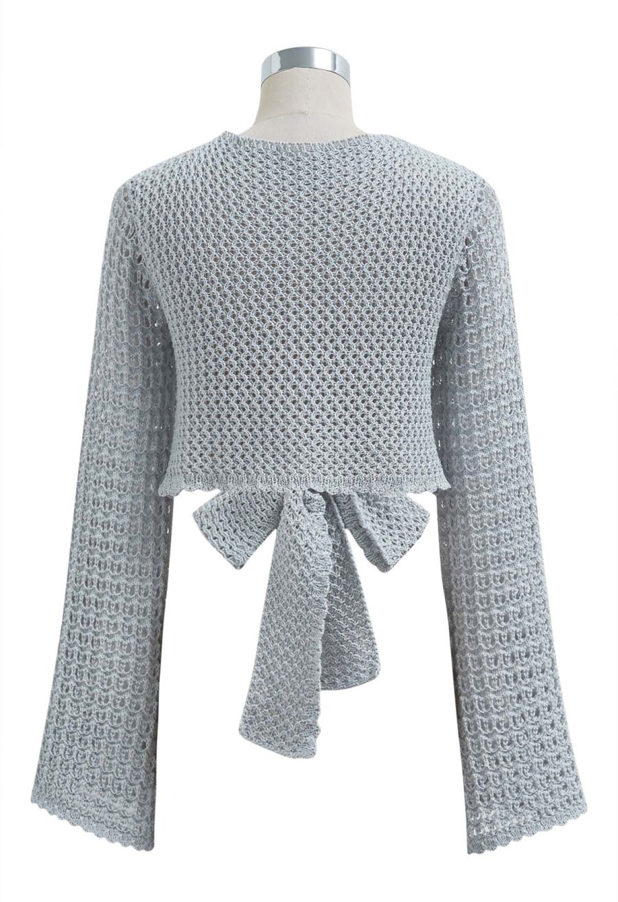 Tie-Knot Open-Knit Crochet Wrap Top and Maxi Skirt Set in Dusty Blue
