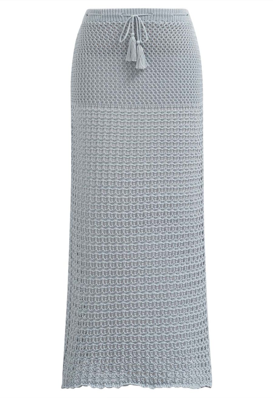 Tie-Knot Open-Knit Crochet Wrap Top and Maxi Skirt Set in Dusty Blue