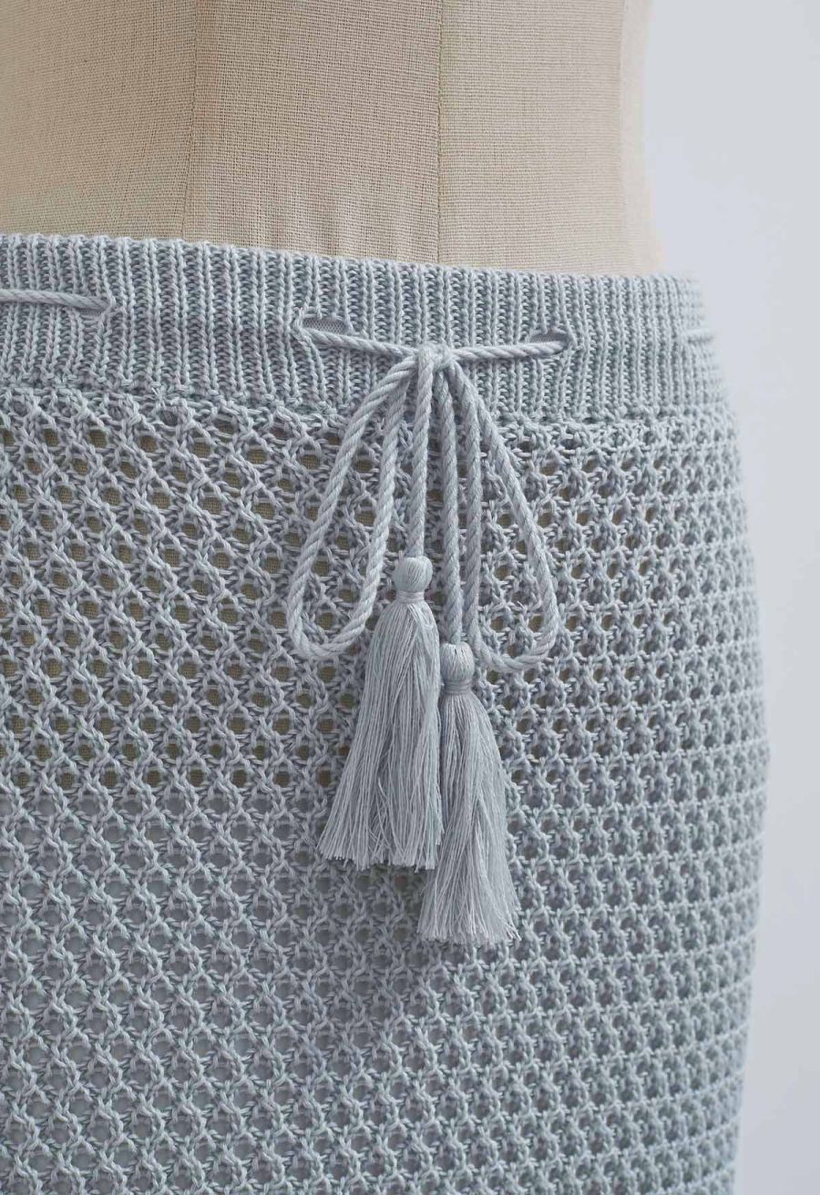 Tie-Knot Open-Knit Crochet Wrap Top and Maxi Skirt Set in Dusty Blue