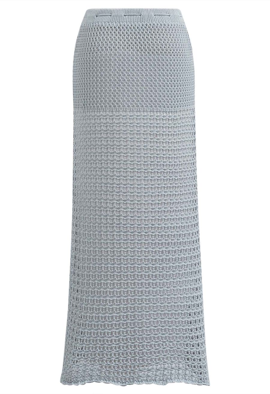 Tie-Knot Open-Knit Crochet Wrap Top and Maxi Skirt Set in Dusty Blue