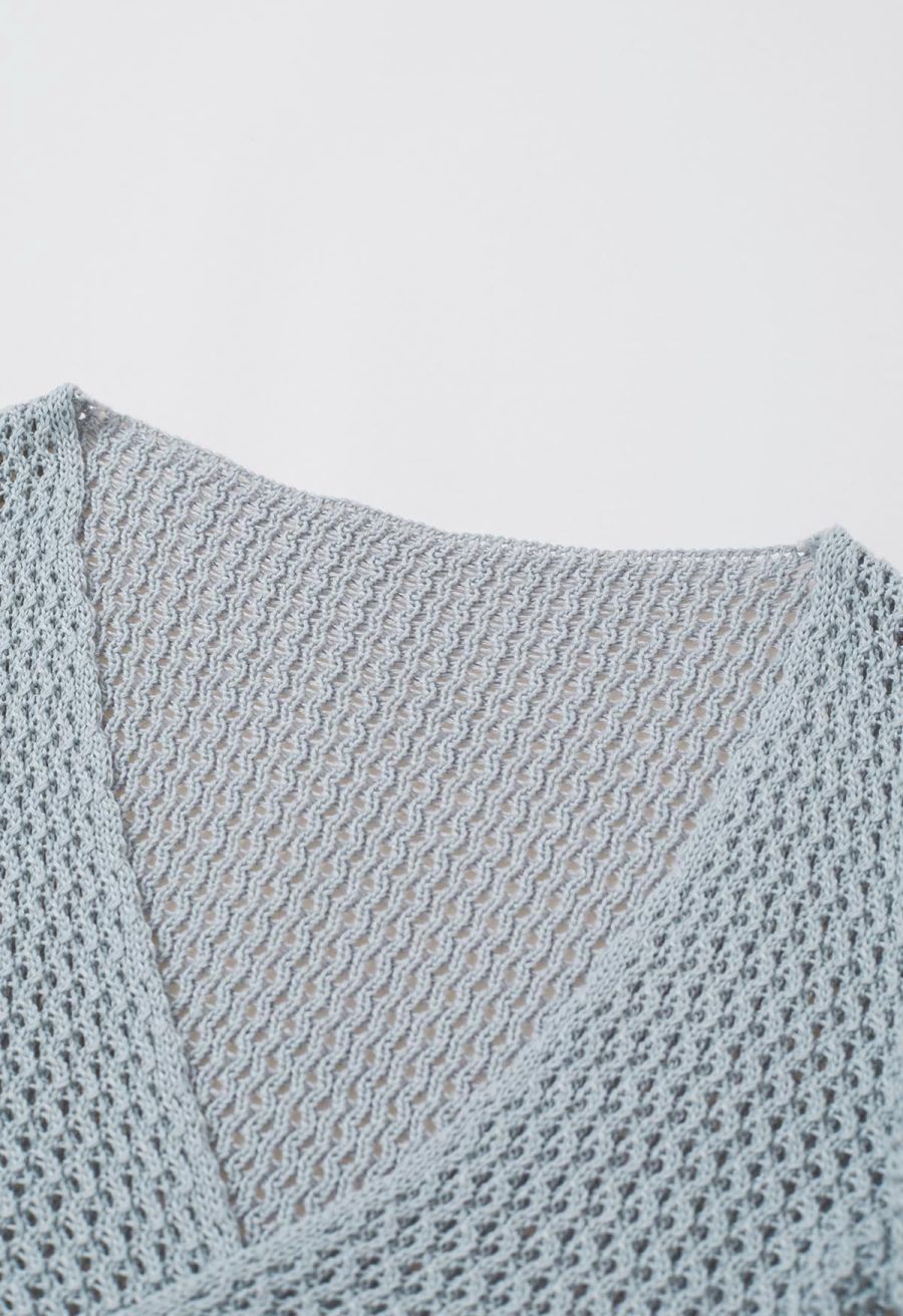 Tie-Knot Open-Knit Crochet Wrap Top and Maxi Skirt Set in Dusty Blue