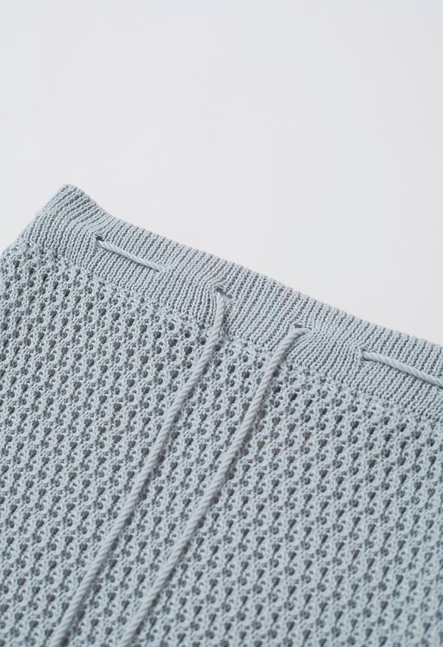 Tie-Knot Open-Knit Crochet Wrap Top and Maxi Skirt Set in Dusty Blue