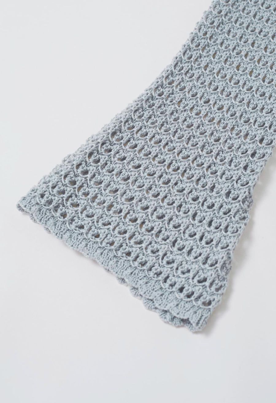 Tie-Knot Open-Knit Crochet Wrap Top and Maxi Skirt Set in Dusty Blue