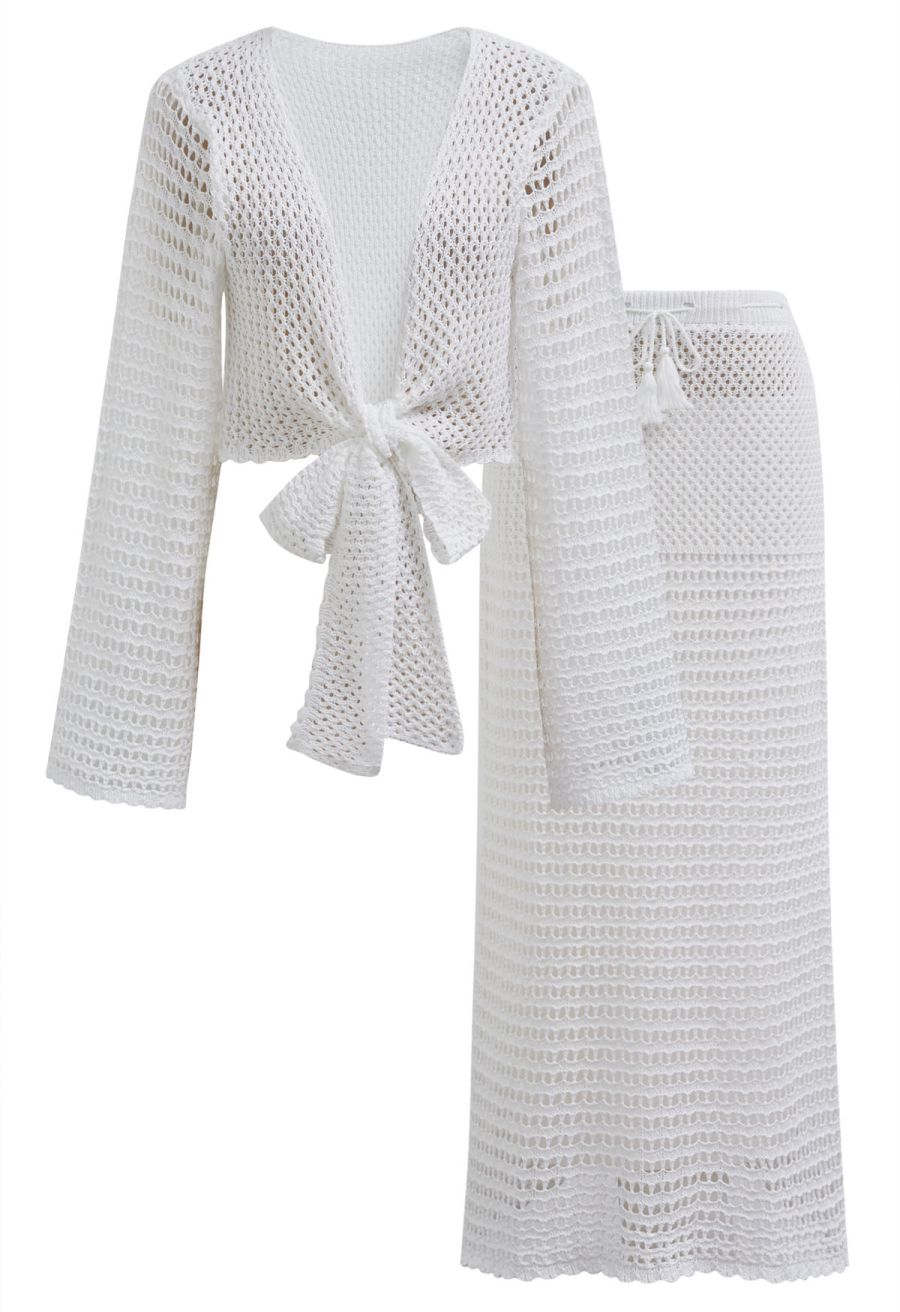 Tie-Knot Open-Knit Crochet Wrap Top and Maxi Skirt Set in White