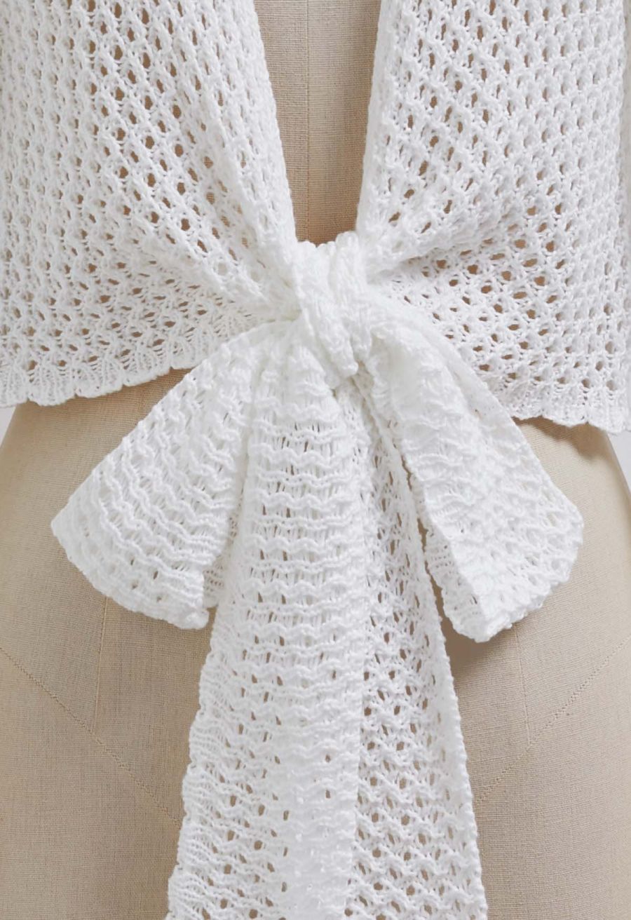 Tie-Knot Open-Knit Crochet Wrap Top and Maxi Skirt Set in White