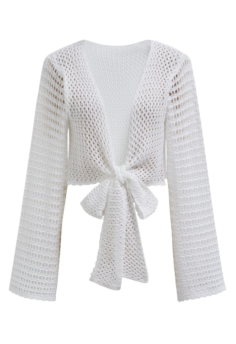 Tie-Knot Open-Knit Crochet Wrap Top and Maxi Skirt Set in White