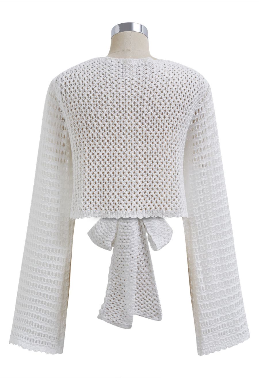 Tie-Knot Open-Knit Crochet Wrap Top and Maxi Skirt Set in White