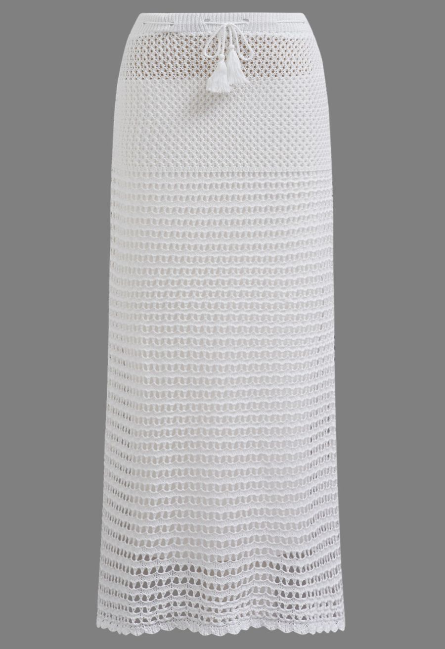 Tie-Knot Open-Knit Crochet Wrap Top and Maxi Skirt Set in White
