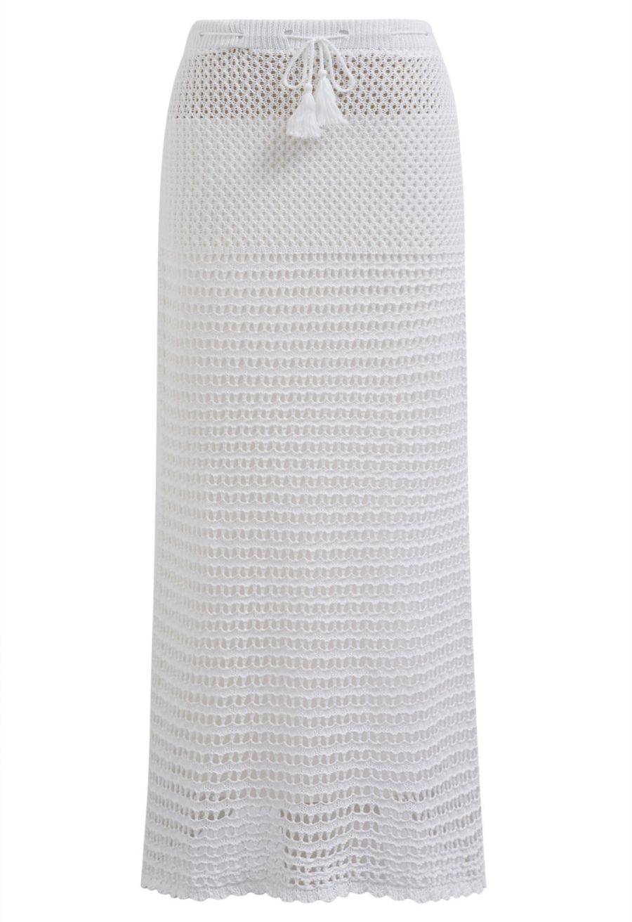 Tie-Knot Open-Knit Crochet Wrap Top and Maxi Skirt Set in White