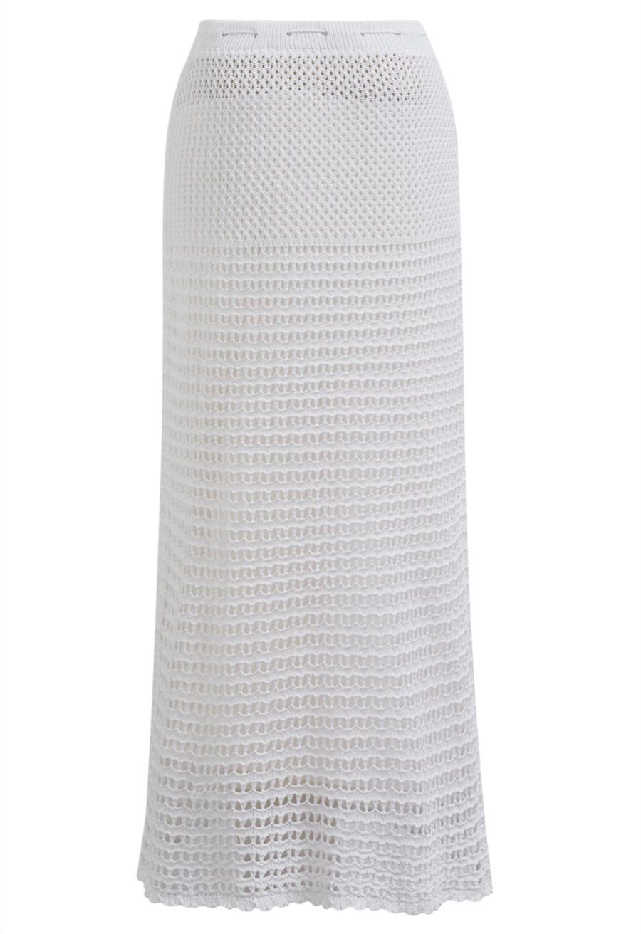 Tie-Knot Open-Knit Crochet Wrap Top and Maxi Skirt Set in White