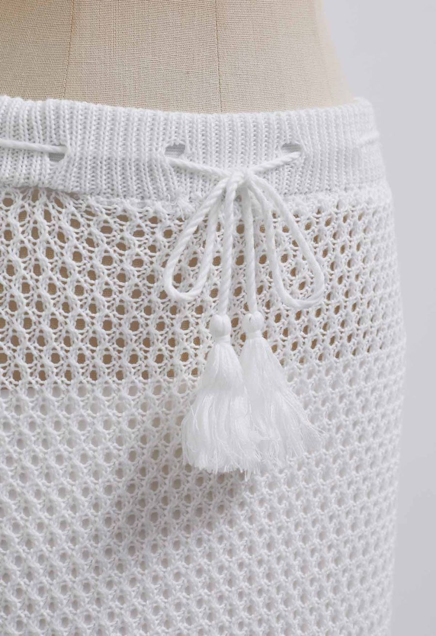Tie-Knot Open-Knit Crochet Wrap Top and Maxi Skirt Set in White