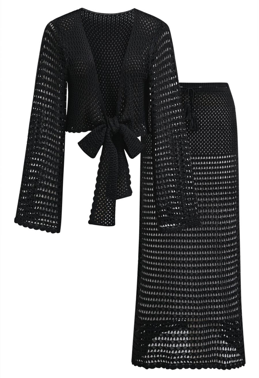 Tie-Knot Open-Knit Crochet Wrap Top and Maxi Skirt Set in Black