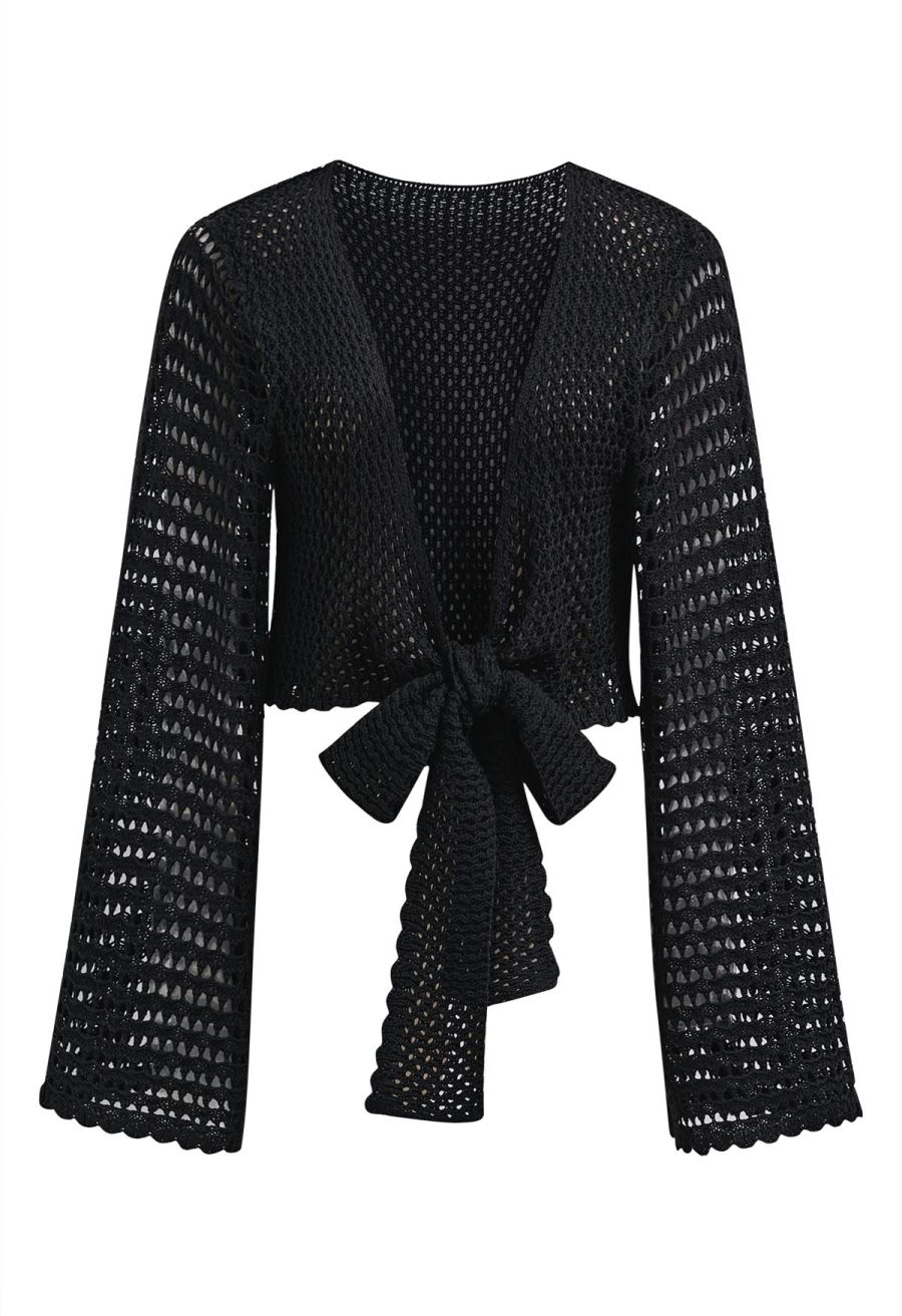 Tie-Knot Open-Knit Crochet Wrap Top and Maxi Skirt Set in Black