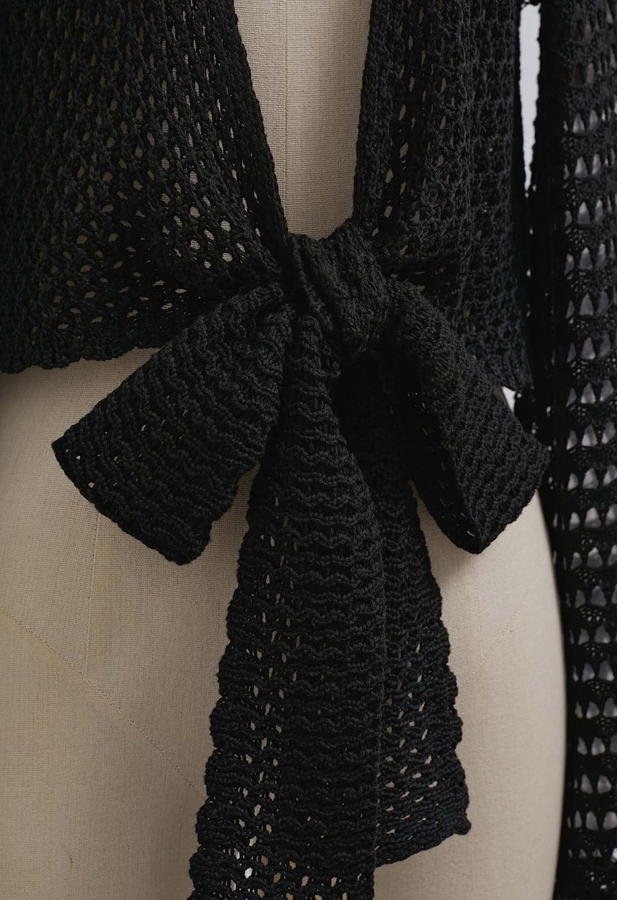 Tie-Knot Open-Knit Crochet Wrap Top and Maxi Skirt Set in Black