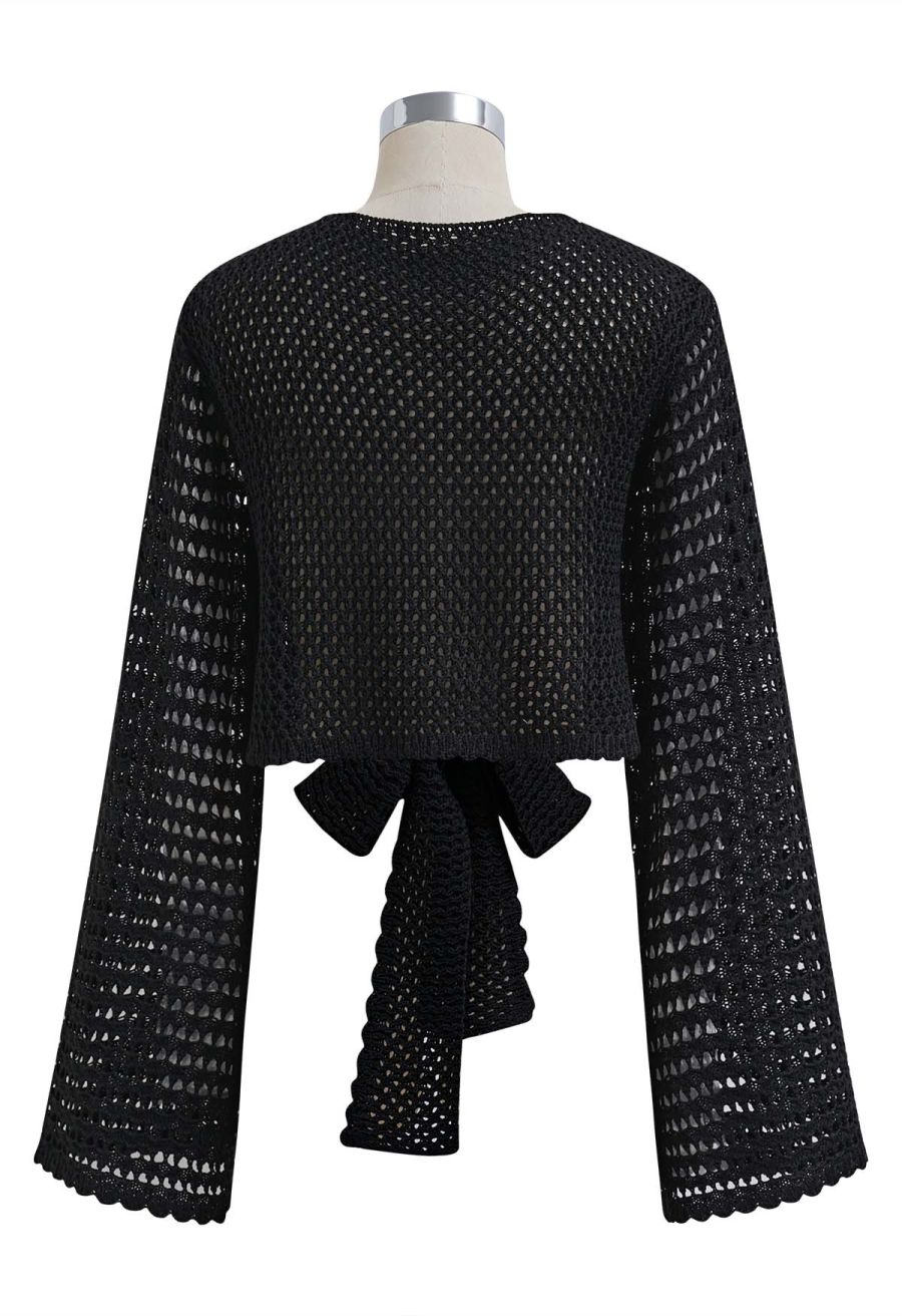 Tie-Knot Open-Knit Crochet Wrap Top and Maxi Skirt Set in Black