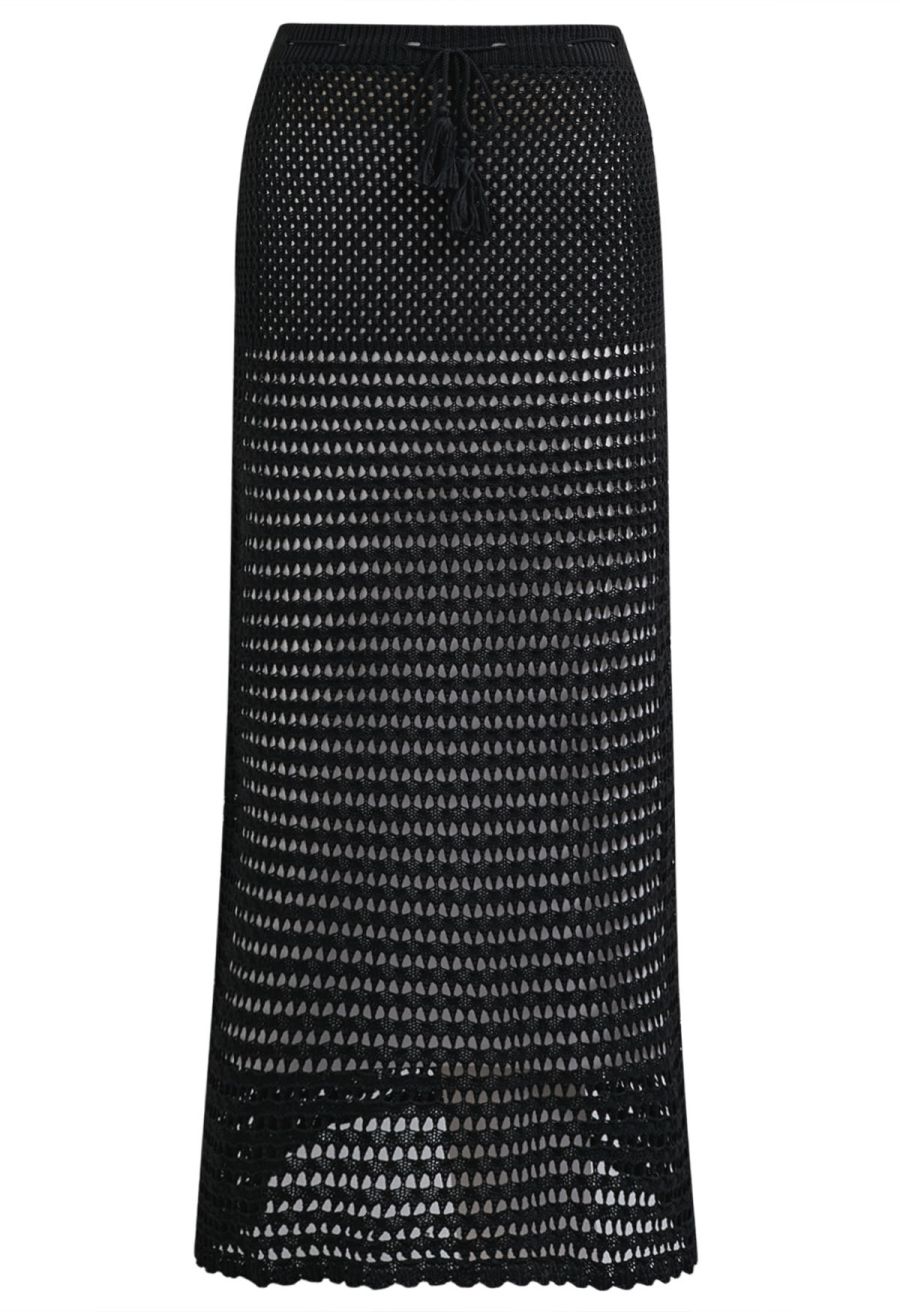 Tie-Knot Open-Knit Crochet Wrap Top and Maxi Skirt Set in Black