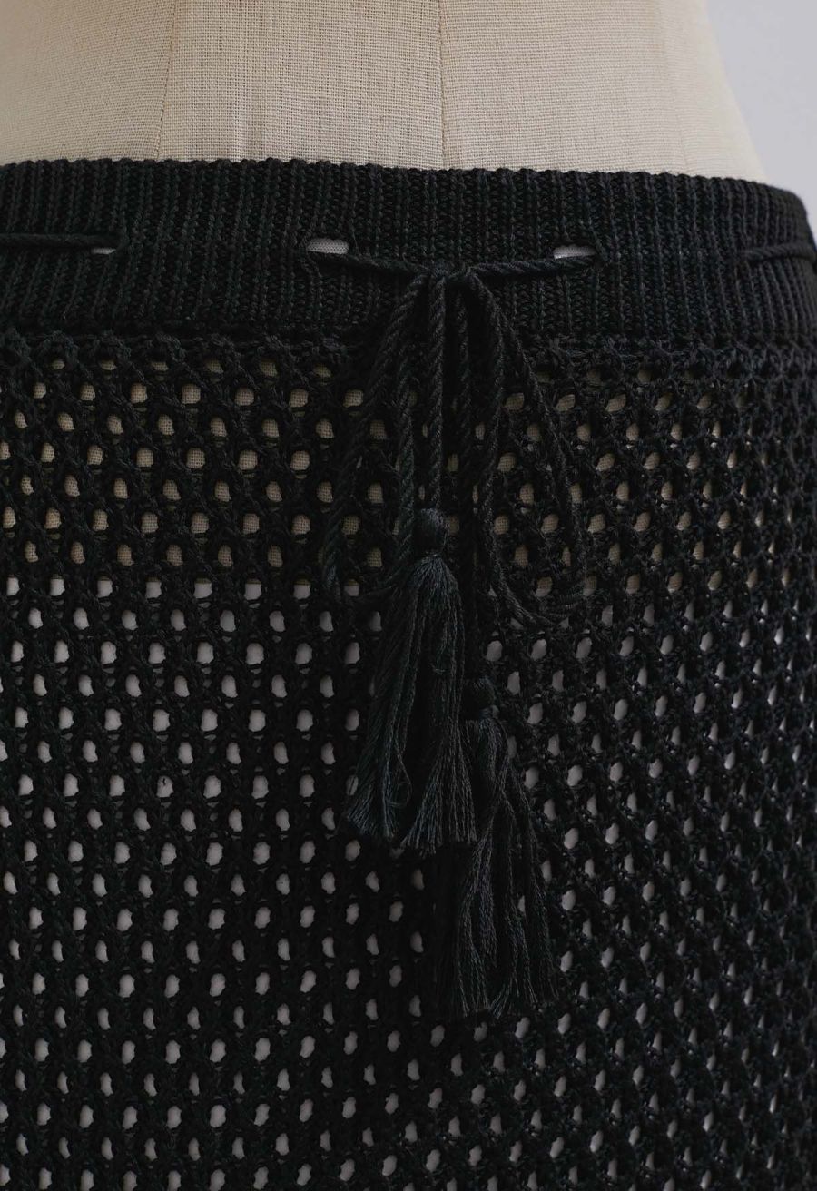 Tie-Knot Open-Knit Crochet Wrap Top and Maxi Skirt Set in Black