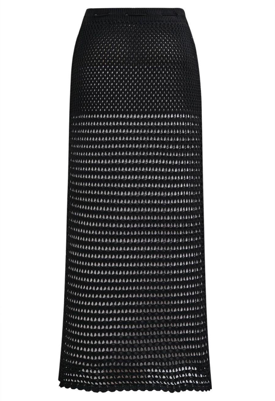 Tie-Knot Open-Knit Crochet Wrap Top and Maxi Skirt Set in Black
