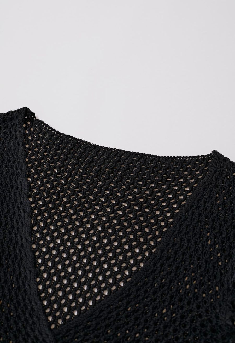 Tie-Knot Open-Knit Crochet Wrap Top and Maxi Skirt Set in Black