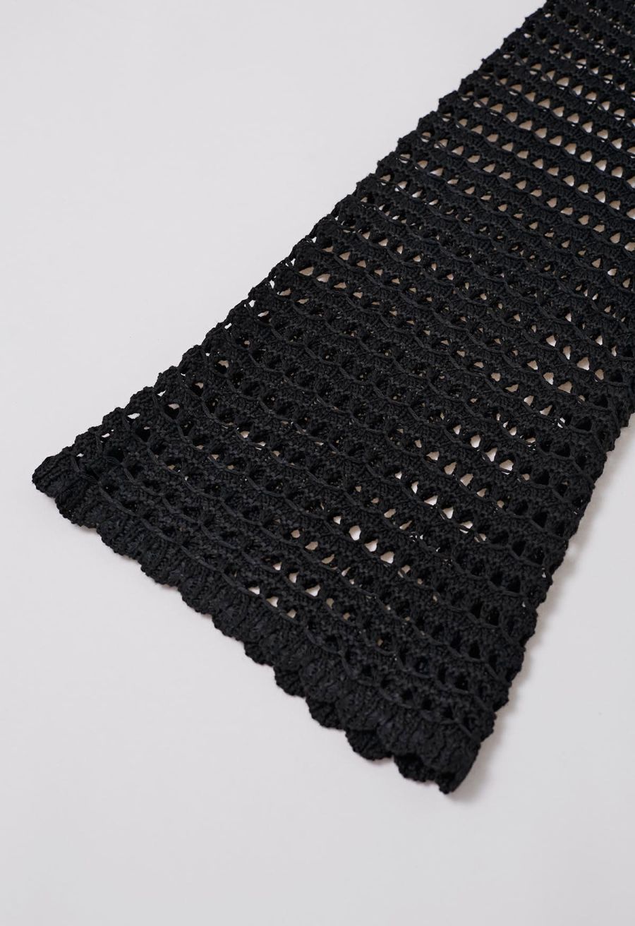 Tie-Knot Open-Knit Crochet Wrap Top and Maxi Skirt Set in Black