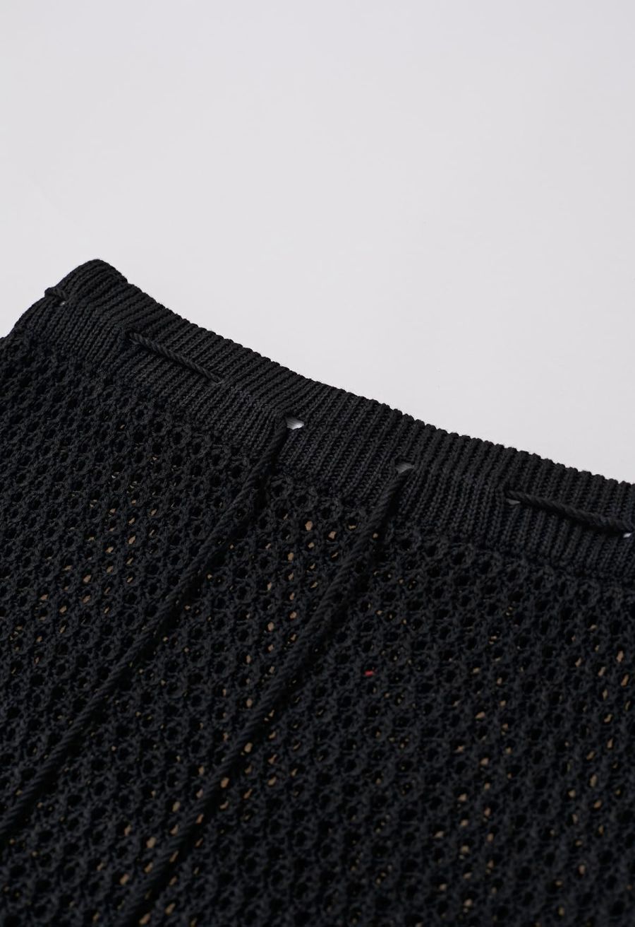 Tie-Knot Open-Knit Crochet Wrap Top and Maxi Skirt Set in Black