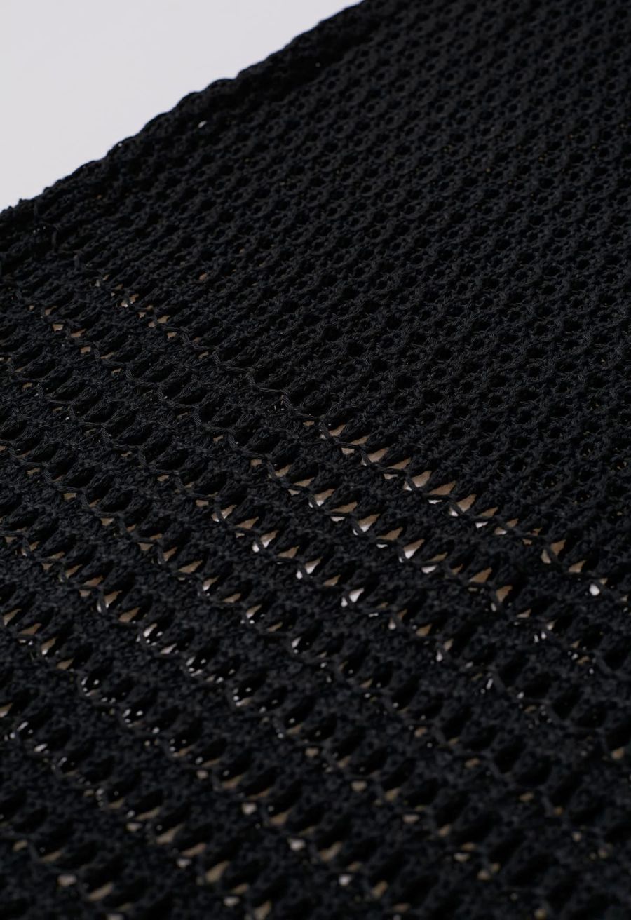 Tie-Knot Open-Knit Crochet Wrap Top and Maxi Skirt Set in Black