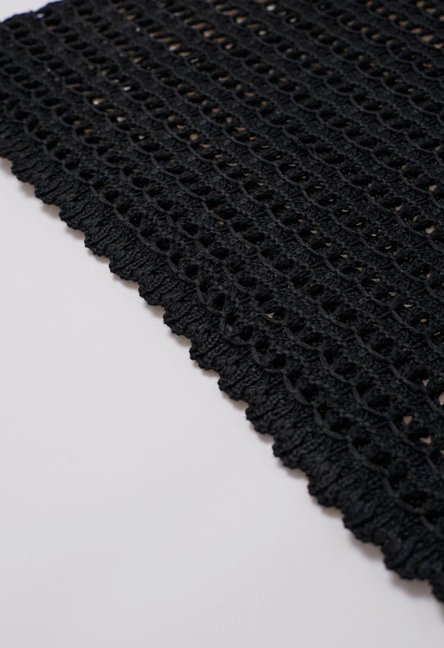 Tie-Knot Open-Knit Crochet Wrap Top and Maxi Skirt Set in Black