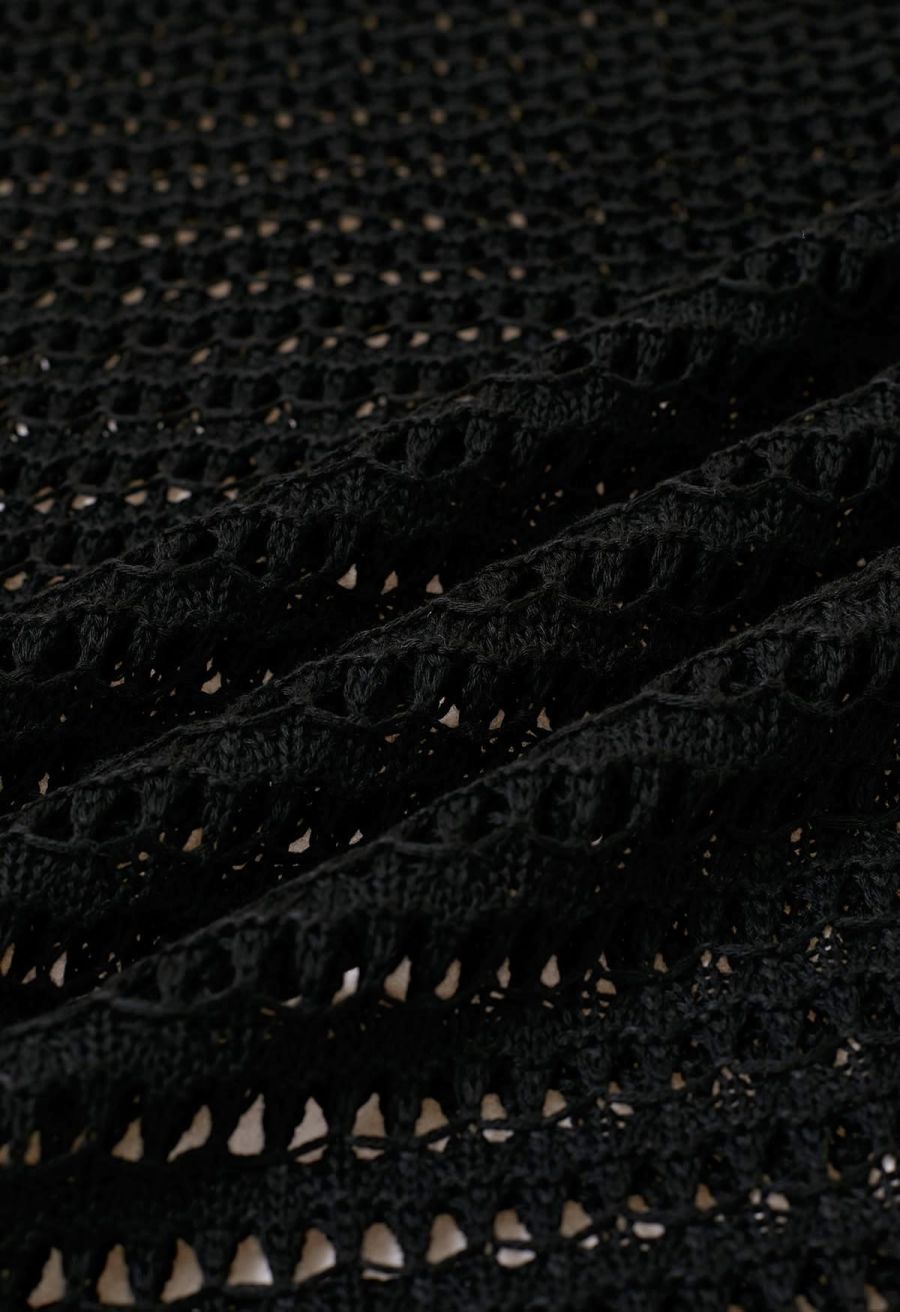 Tie-Knot Open-Knit Crochet Wrap Top and Maxi Skirt Set in Black