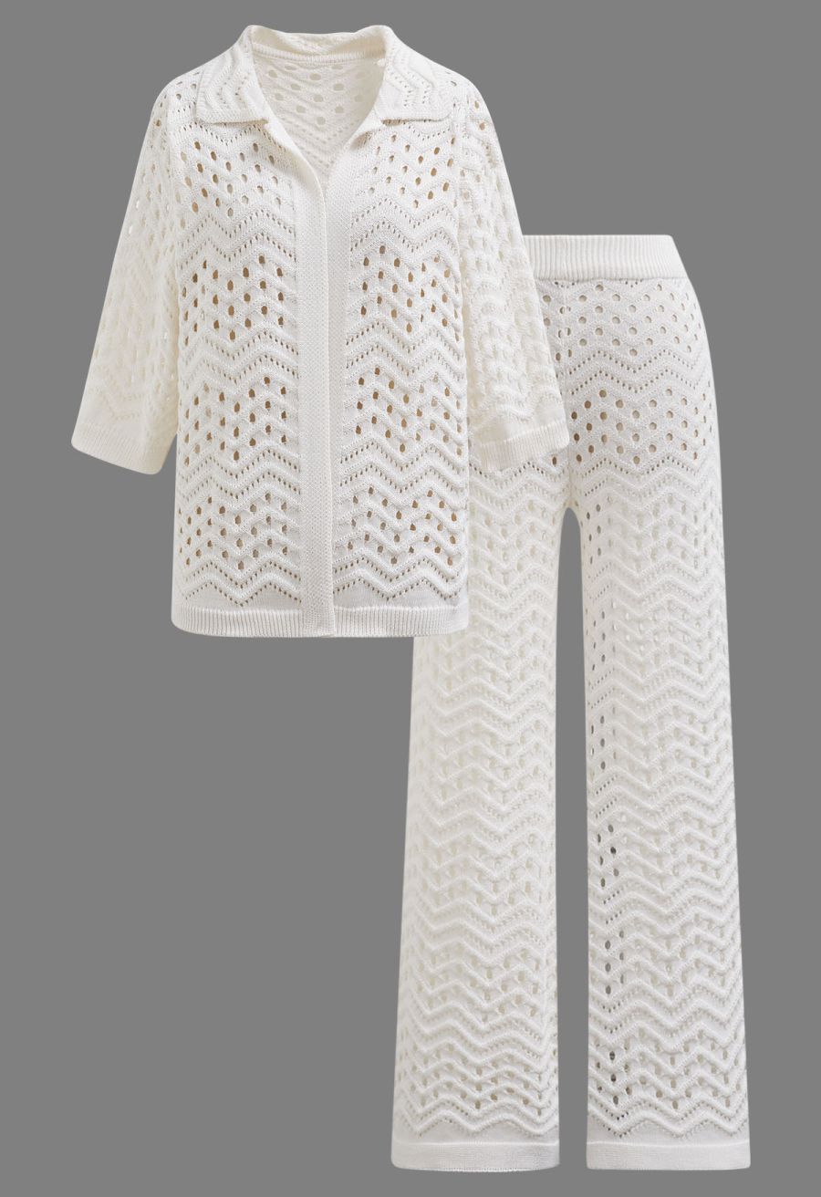 Wavy Open-Knit Crochet Top and Pants Set