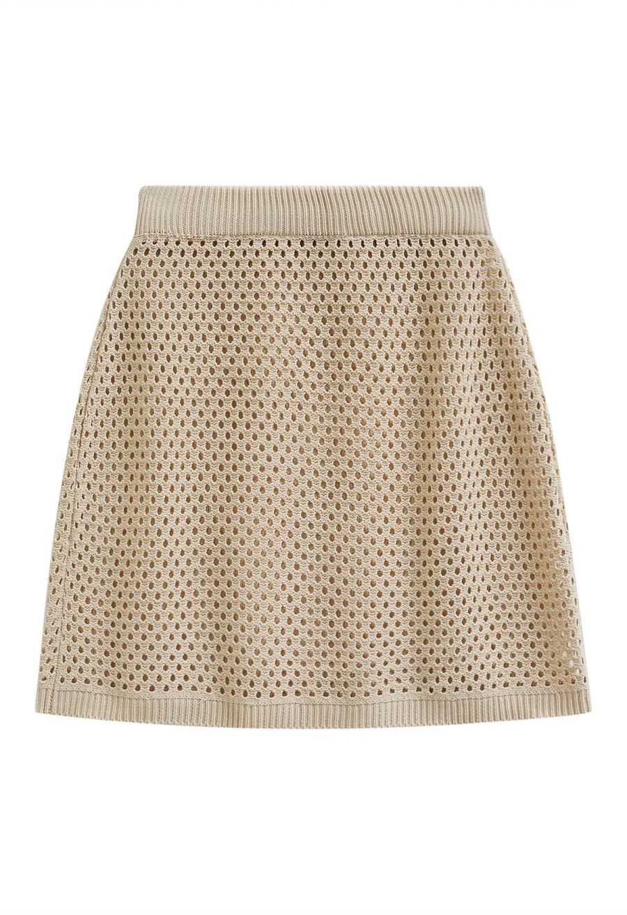 Open-Knit Crochet Longline Buttoned Top and Mini Skirt Set